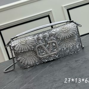Valentino Large Loco Shoulder Bag with Floral 3D Embroidery and Pearl Crystals In Calfskin Silver