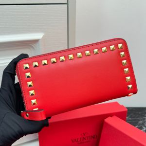 Valentino Large Rockstud Zippered Wallet In Calfskin Red