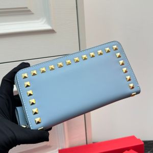 Valentino Large Rockstud Zippered Wallet In Calfskin Sky Blue