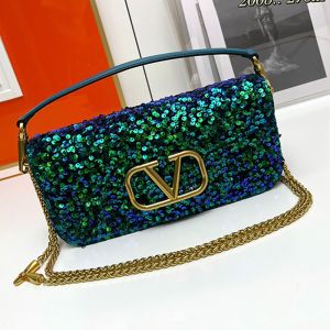 Valentino Loco Shoulder Bag with 3D Embroidery In Calfskin Green/Blue
