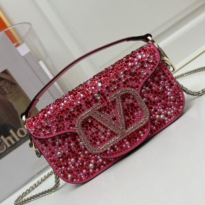 Valentino Loco Shoulder Bag with Gradient Rhinestones In Suede Pink/Burgundy