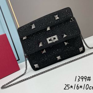 Valentino Medium Roman Stud Shoulder Bag with Chain and Sparkling Studs In Suede Black