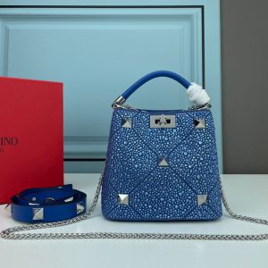 Valentino Garavani Mini Roman Stud Handbag with Sparkling Crystals In Nappa Lambskin Blue