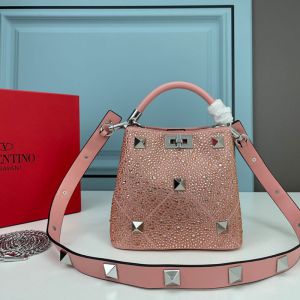 Valentino Garavani Mini Roman Stud Handbag with Sparkling Crystals In Nappa Lambskin Cherry