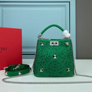 Valentino Garavani Mini Roman Stud Handbag with Sparkling Crystals In Nappa Lambskin Green