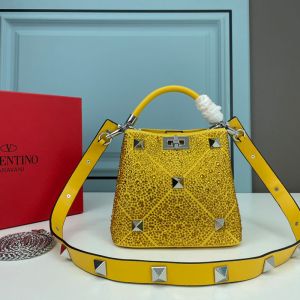 Valentino Garavani Mini Roman Stud Handbag with Sparkling Crystals In Nappa Lambskin Yellow