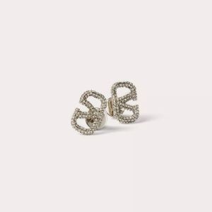 Valentino Mini VLogo Signature Stud Earrings In Metal with Crystals Silver