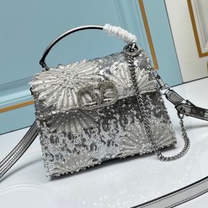Valentino Mini Vsling Handbag with Floral 3D Embroidery and Pearl Crystals In Calfskin Grey