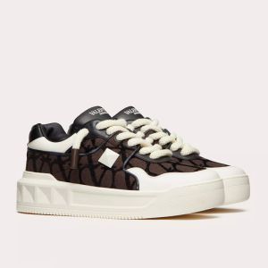 Valentino One Stud XL Low-Top Sneakers Unisex Nappa Leather with Toile Iconographe Fabric Coffee