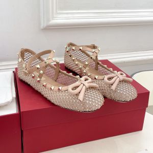 Valentino Rockstud Ballerina Flats Women Mesh With Crystals And Matching Studs Apricot
