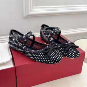 Valentino Rockstud Ballerina Flats Women Mesh With Crystals And Matching Studs Black
