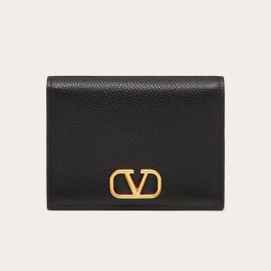 Valentino Small Compact VLogo Signature Wallet In Grainy Calfskin Black