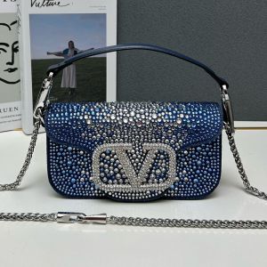 Valentino Small Loco Shoulder Bag with Gradient Rhinestones In Denim Blue/Silver