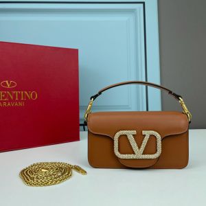 Valentino Garavani Small Loco Shoulder Bag with Jewel Logo In Calfskin Brown