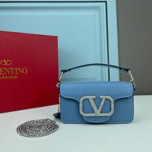 Valentino Garavani Small Loco Shoulder Bag with Jewel Logo In Calfskin Blue