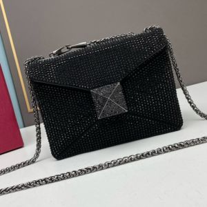 Valentino Small One Stud Crossbody Bag with Chain and Sparkling Studs In Suede Black