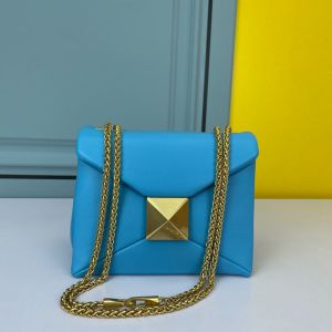 Valentino Garavani Small One Stud Shoulder Bag with Chain In Grainy Calfskin Blue