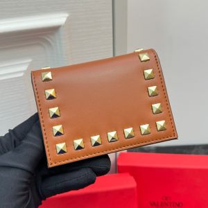 Valentino Small Rockstud Flap Wallet In Calfskin Brown