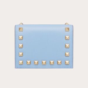 Valentino Small Rockstud Flap Wallet In Calfskin Sky Blue