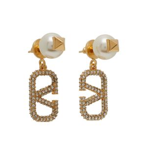 Valentino Small Rockstud Pendant Earrings In Metal with Pearls and Crystal VLogo Gold