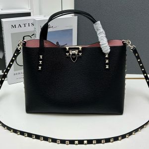 Valentino Small Rockstud Tote with Interior Pouch In Grainy Calfskin Black