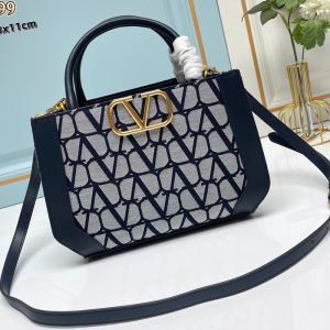 Valentino Small Shopping Bag In Toile Iconographe Fabric Navy Blue/Grey