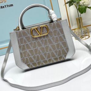 Valentino Small Shopping Bag In Toile Iconographe Fabric Silver/Khaki