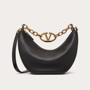 Valentino Small VLogo Moon Hobo Bag with Chain In Grainy Calfskin Black