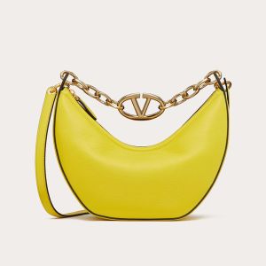 Valentino Small VLogo Moon Hobo Bag with Chain In Grainy Calfskin Yellow
