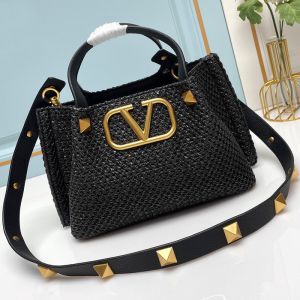 Valentino Small VLogo Signature Shopping Bag with Roman Studs In Synthetic Riffia Black