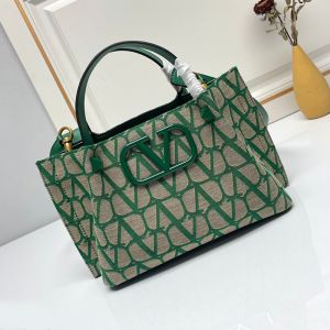 Valentino Small VLogo Signature Shopping Bag with Studs In Toile Iconographe Fabric Green