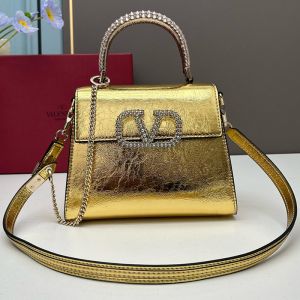 Valentino Small Vsling Handbag with Crocodile Leather and Jewel Embroidery In Calfskin Gold
