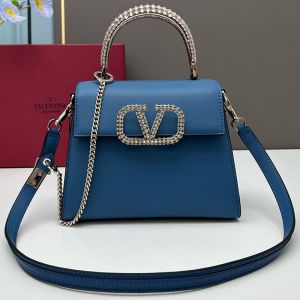 Valentino Small Vsling Handbag with Crocodile Leather and Jewel Embroidery In Calfskin Navy Blue