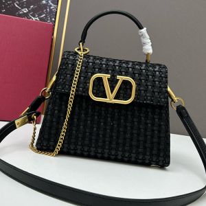 Valentino Small Vsling Handbag In Stripe Woven Calfskin Black