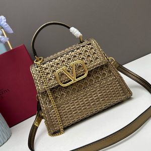 Valentino Small Vsling Handbag In Woven Calfskin Gold
