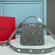 Valentino Garavani Mini Roman Stud Handbag with Sparkling Studs In Nappa Lambskin Grey