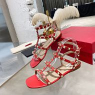 Valentino Garavani Rockstud Flat Sandals with Ankle Strap Women Calfskin Red