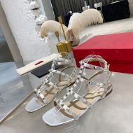 Valentino Garavani Rockstud Flat Sandals with Ankle Strap Women Calfskin Silver
