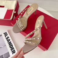 Valentino Garavani Rockstud Heeled Slides with Asymmetric-Straps Women Calfskin Pink