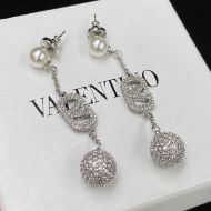 Valentino Small VLogo Signature Chain Earrings In Metal with Pearls and Crystal Balls Silver