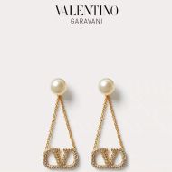 Valentino Small VLogo Signature Chain Earrings In Metal with Pearls and Crystals Gold