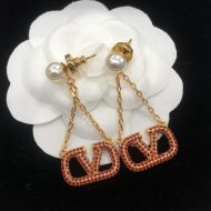 Valentino Small VLogo Signature Chain Earrings In Metal with Pearls and Crystals Gold/Red